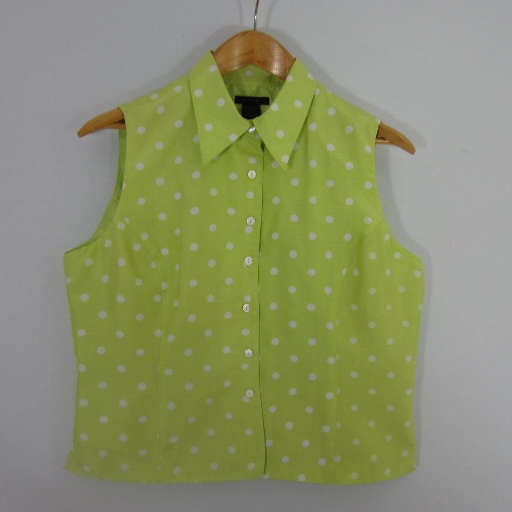 Silk Land Womens L Lime Green Polka Dot Lined 100% Silk Sleeveless Shirt Top
